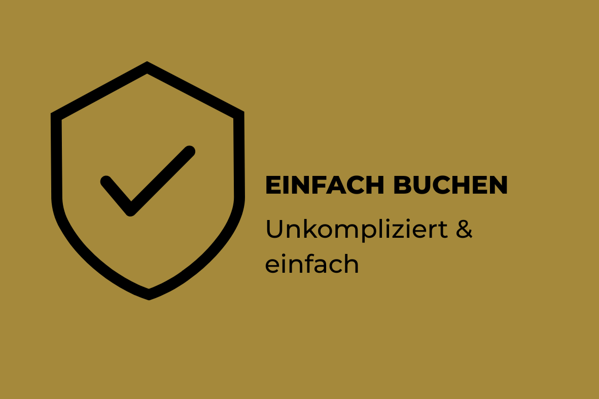 Symbol eines schwarzen Häkchens in einem schwarzen Schild auf goldfarbenem Hintergrund, daneben die schwarzen Schriftzüge "EINFACH BUCHEN" und "Unkompliziert & einfach".
