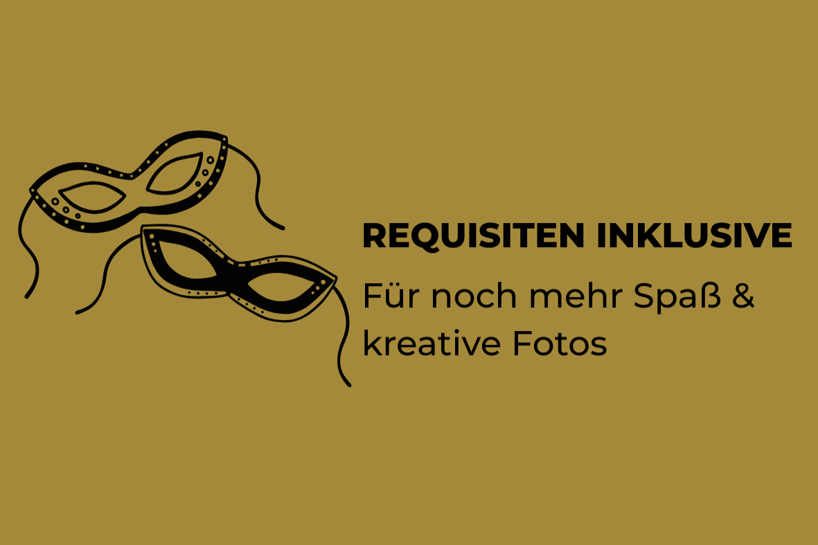 Bild mit zwei dekorativen Masken und dem Text 'Requisiten inklusive. Für noch mehr Spaß & kreative Fotos' auf goldenem Hintergrund.
