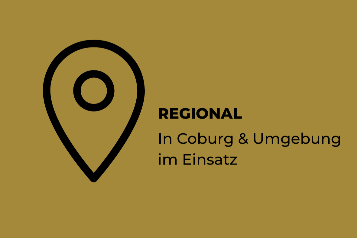 Symbol eines Standorts mit Text "REGIONAL In Coburg & Umgebung im Einsatz" auf braunem Hintergrund