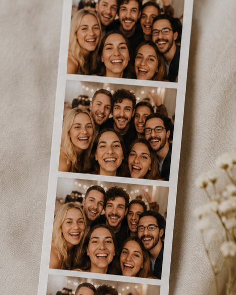 Drei Passfotos von einer Gruppe lachender Menschen beim Fotoshooting, umgeben von beige Stoffflächen und weißen Blumen