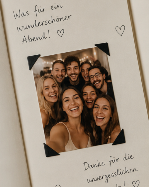 Eine Fotografie von sieben lachenden Freunden, die eine Selfie machen, eingerahmt mit einer liebevoll geschriebenen Karte, die auf einen schönen Abend hinweist.