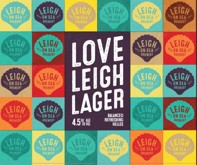 A colorful grid of 24 cans of Leigh Lager beer, featuring various colors and the words 'Leigh on Sea Brewery' on each. The central can displays the message 'Love Leigh Lager, balanced, refreshing, Helles, 4.5% ALC/VOL.'