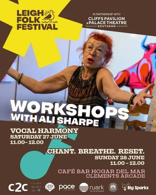 Poster for Leah Folk Festival promoting workshops with Ali Sharpe, including Vocal Harmony on Saturday, June 27, from 11 a.m. to 12 p.m., and Chant: Breathe. Reset on Sunday, June 28, from 11 a.m. to 12 p.m., held at Café Bar Hogar Del Mar, Clements Arcade. The poster features a woman with red hair and glasses gesturing with her arms, with a colorful abstract background.