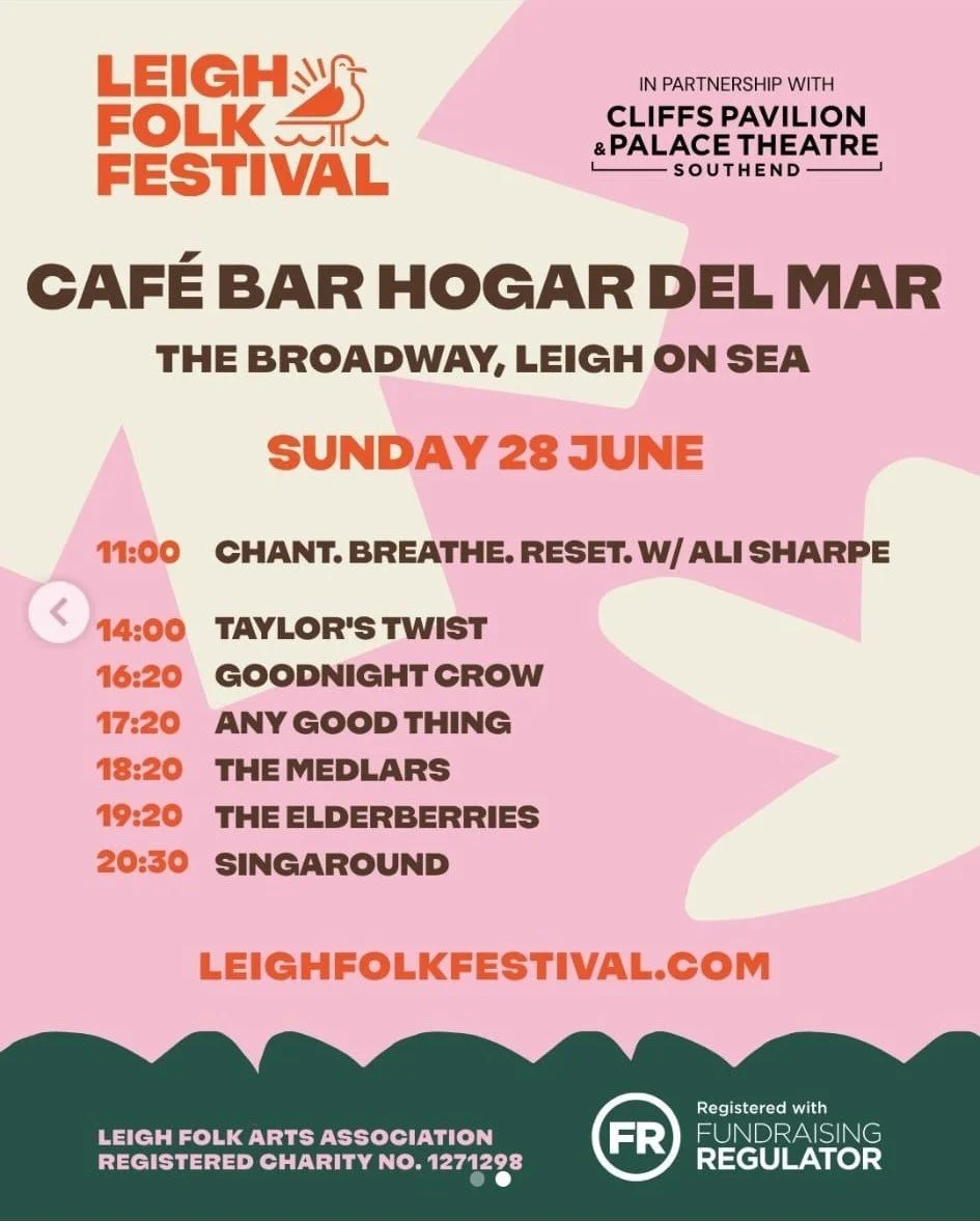 Poster for the Leigh Folk Festival, featuring a schedule of performances on Sunday, June 28th at Café Bar Hogar del Mar on the Broadway in Leigh-on-Sea. The poster includes event times and band names, with sponsorship from Cliffs Pavilion and Palace Theatre Southend.
