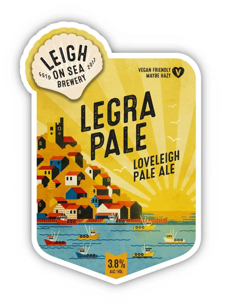 Label for Leigh on Sea Brewery Pale Ale with a colorful illustration of a seaside town and boats, indicating 3.8% alcohol by volume.