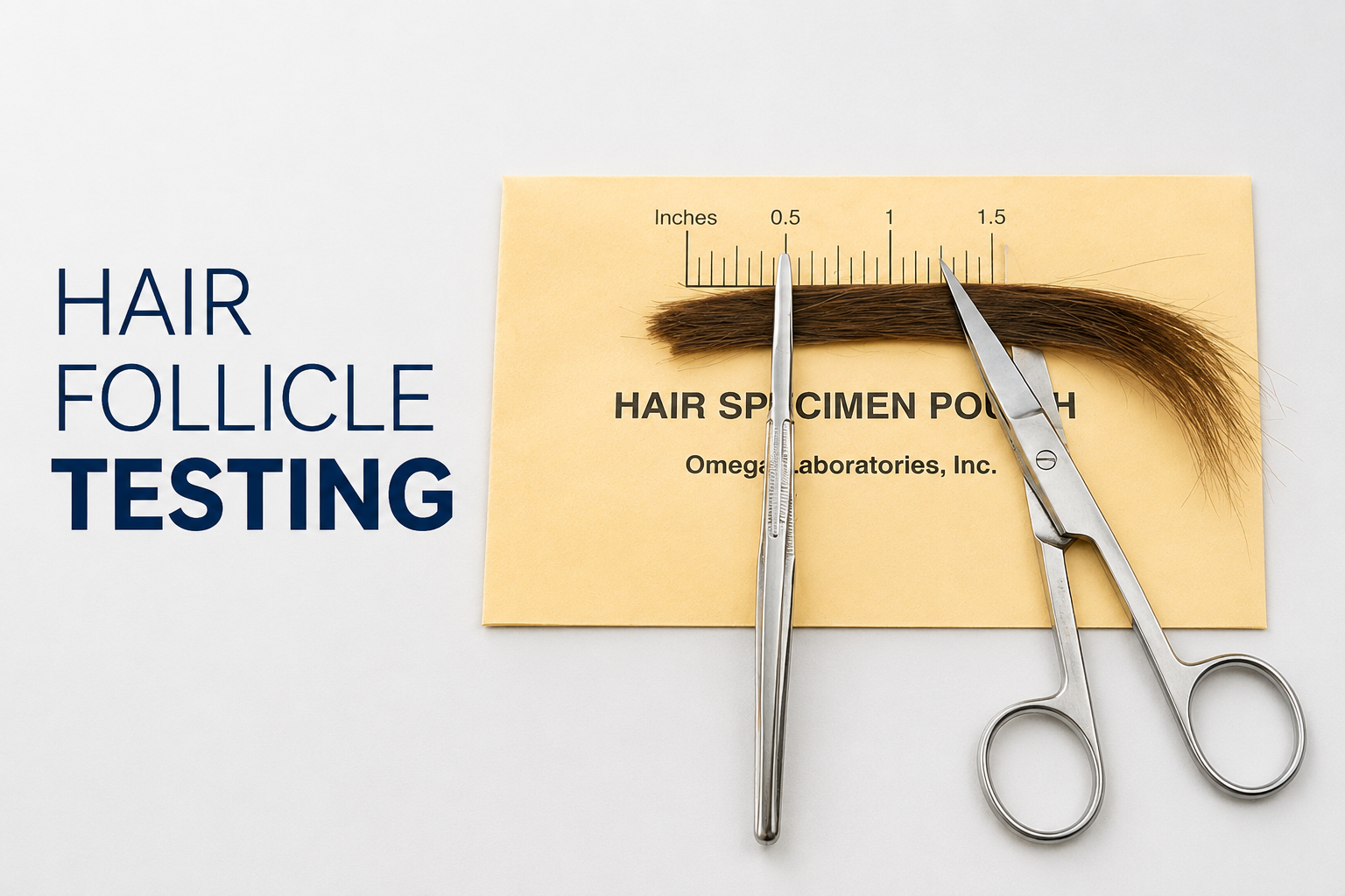 Close-up of a sample of brown hair on a yellow paper labeled 'Hair Spicimen Pouch' with a ruler in inches, and hair cutting scissors, used for hair follicle testing.