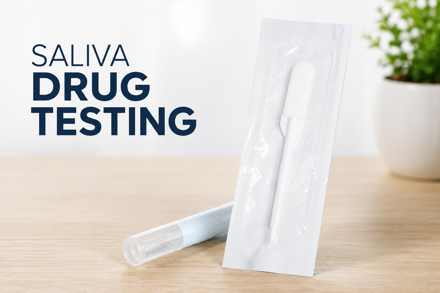 Saliva drug testing kit on a wooden surface with a potted plant in the background