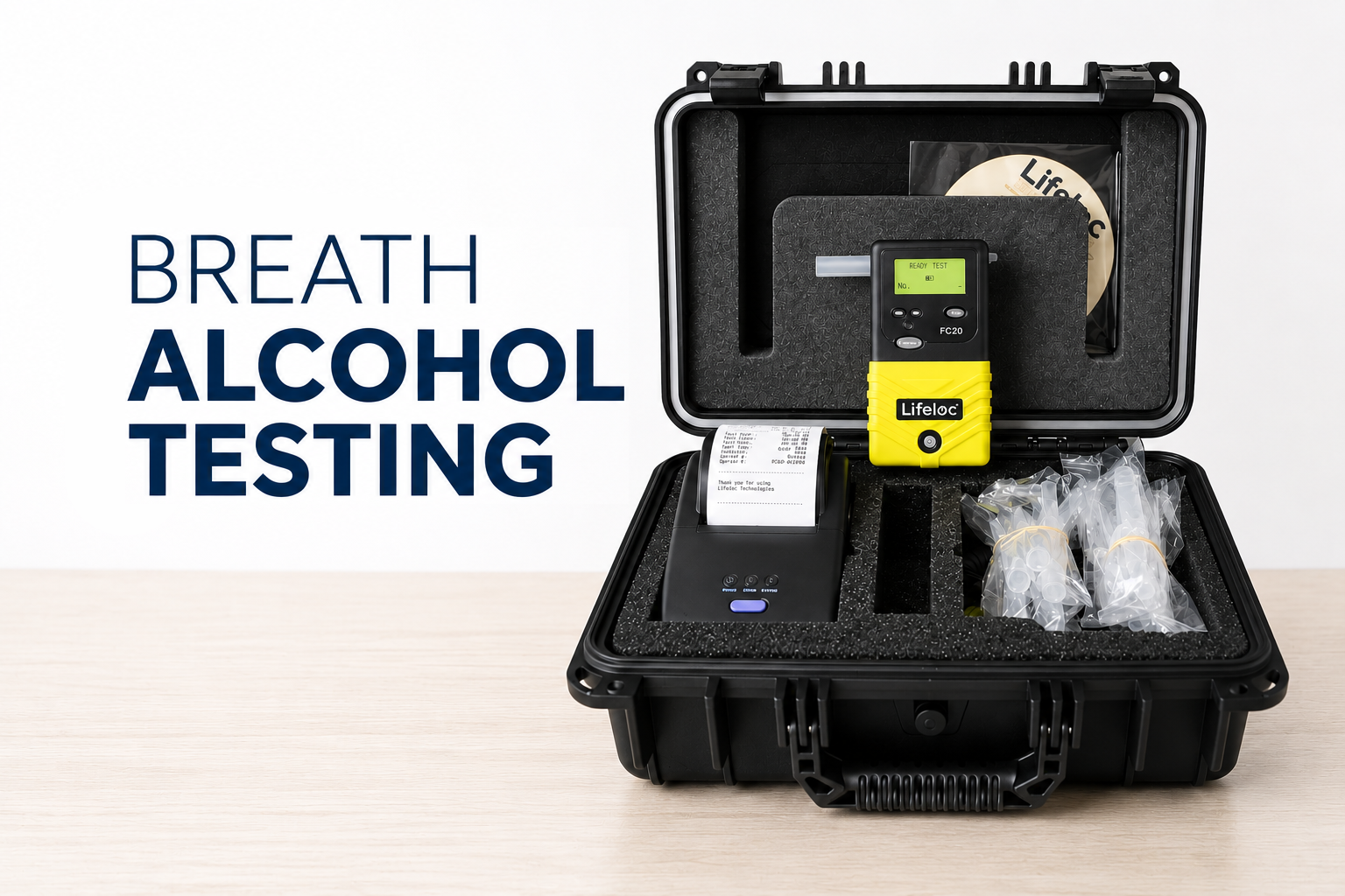 Portable breath alcohol testing kit with a yellow device and printed receipts in a black case.