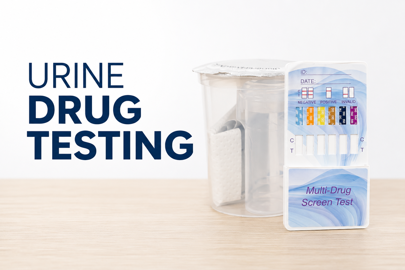 Urine drug testing kit with multi-drug screen test card, collection container, and alcohol swab on a wooden surface.