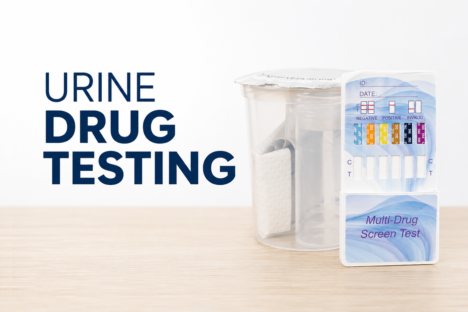 Urine drug testing kit with multi-drug screen test card, collection container, and alcohol swab on a wooden surface.