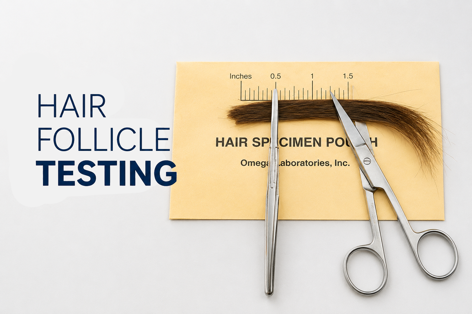 Close-up of a sample of brown hair on a yellow paper labeled 'Hair Specimen Pouch' with a ruler in inches, and hair cutting scissors, used for hair follicle testing.