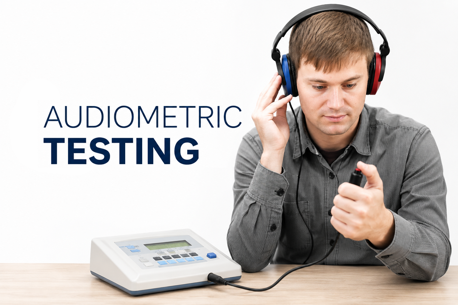 A man wearing headphones conducts an audiometric hearing test using a testing machine on a wooden table.