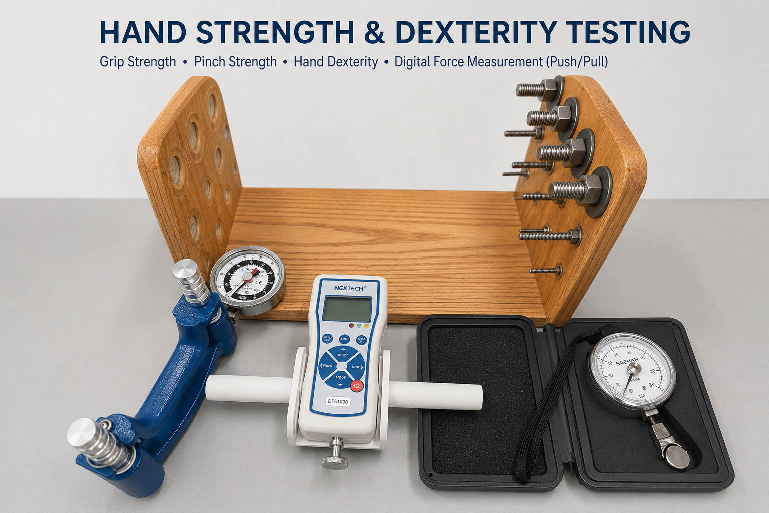 A wooden testing device with metal bolts and holes, used for hand strength and dexterity testing, accompanied by a manual hand grip strength meter, a digital force measurement device, and a dial gauge.