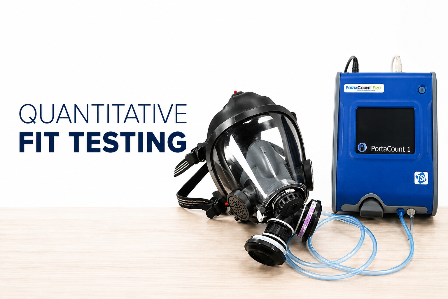 Respirator mask and PortaCount 1 fit testing device on a wooden surface with text "Quantitative Fit Testing."
