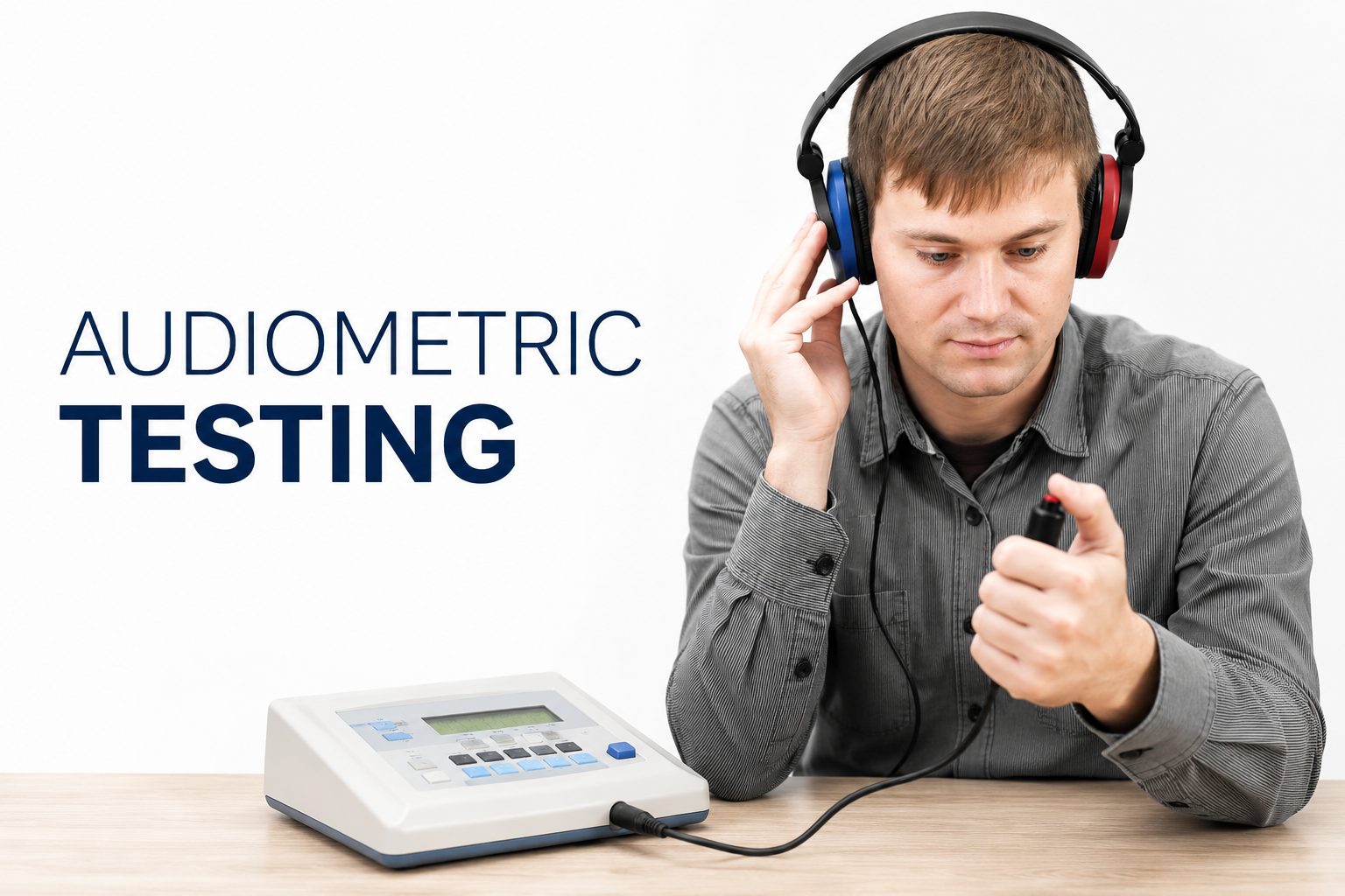 A man wearing headphones conducts an audiometric hearing test using a testing machine on a wooden table.