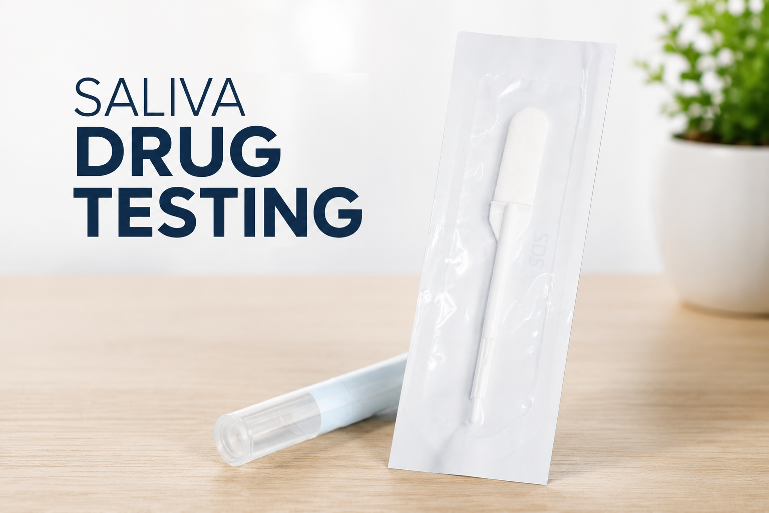 Saliva drug testing kit on a wooden surface with a potted plant in the background
