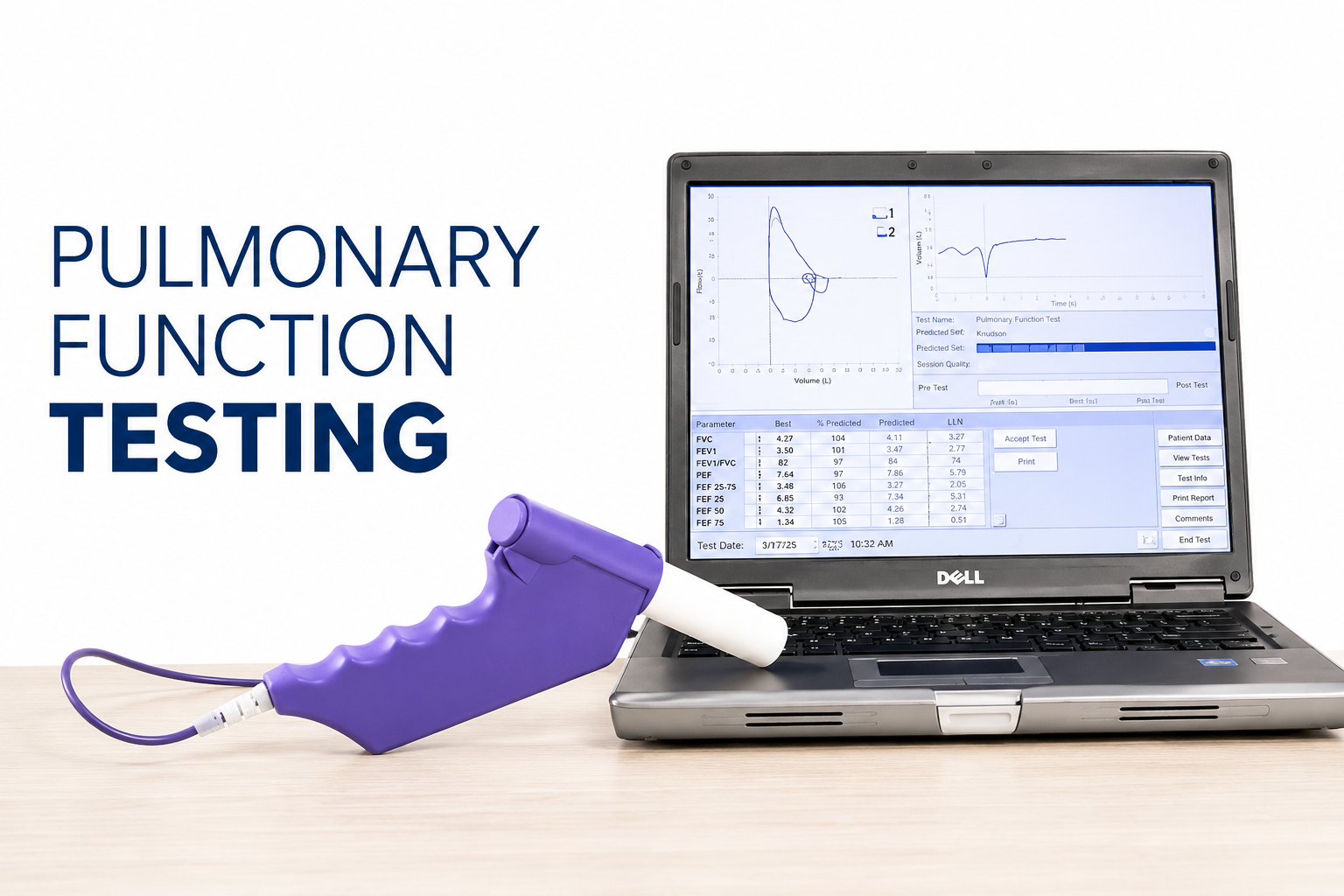 A laptop displaying pulmonary function test results on the screen, with a purple handheld spirometer connected to it, used for pulmonary function testing.