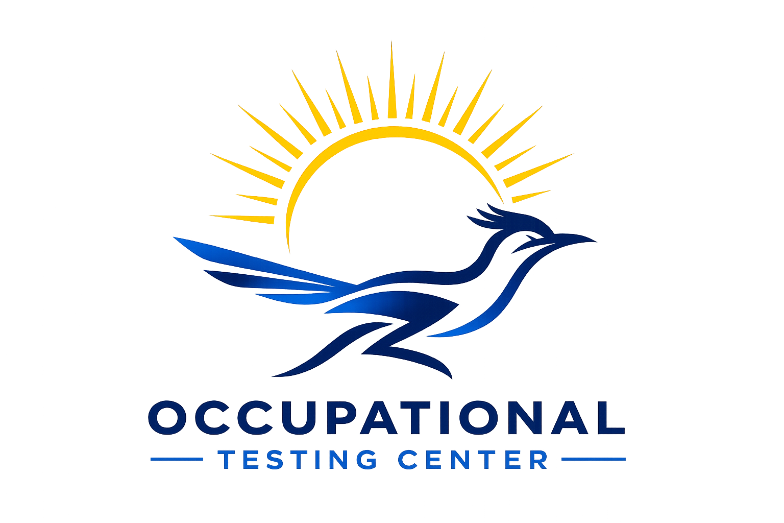 Logo for the Occupational Testing Center featuring a yellow sun with rays and a blue stylized eagle.