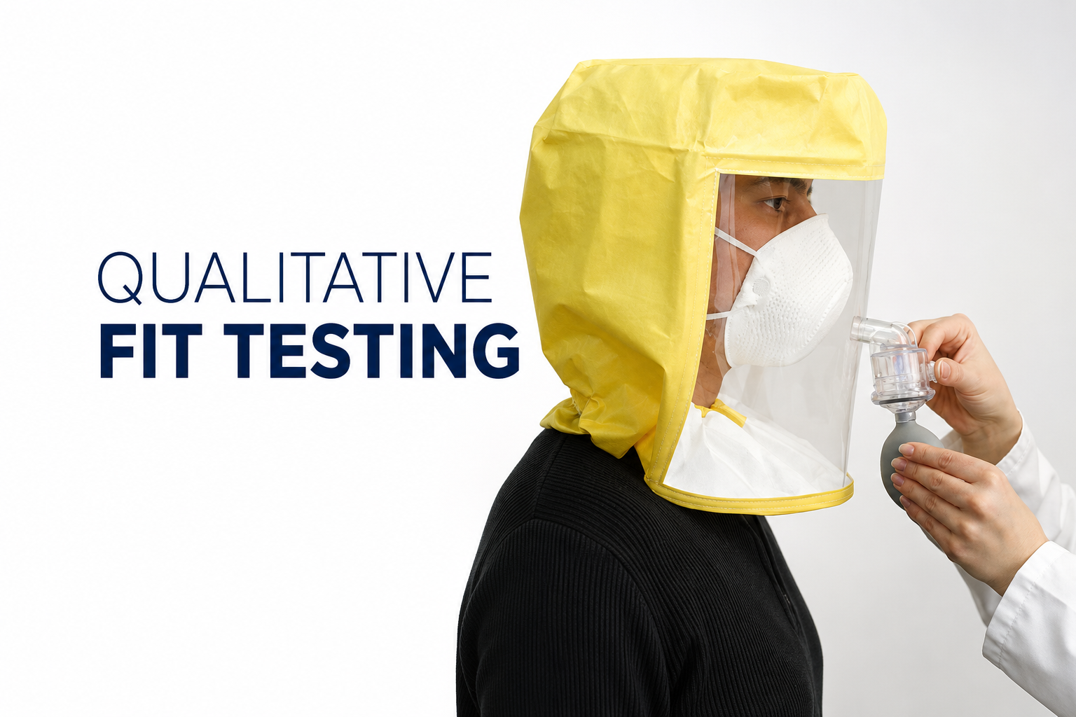 Person in protective gear undergoes a fit testing with a mask and sample device, with text 'Qualitative Fit Testing' on the left.