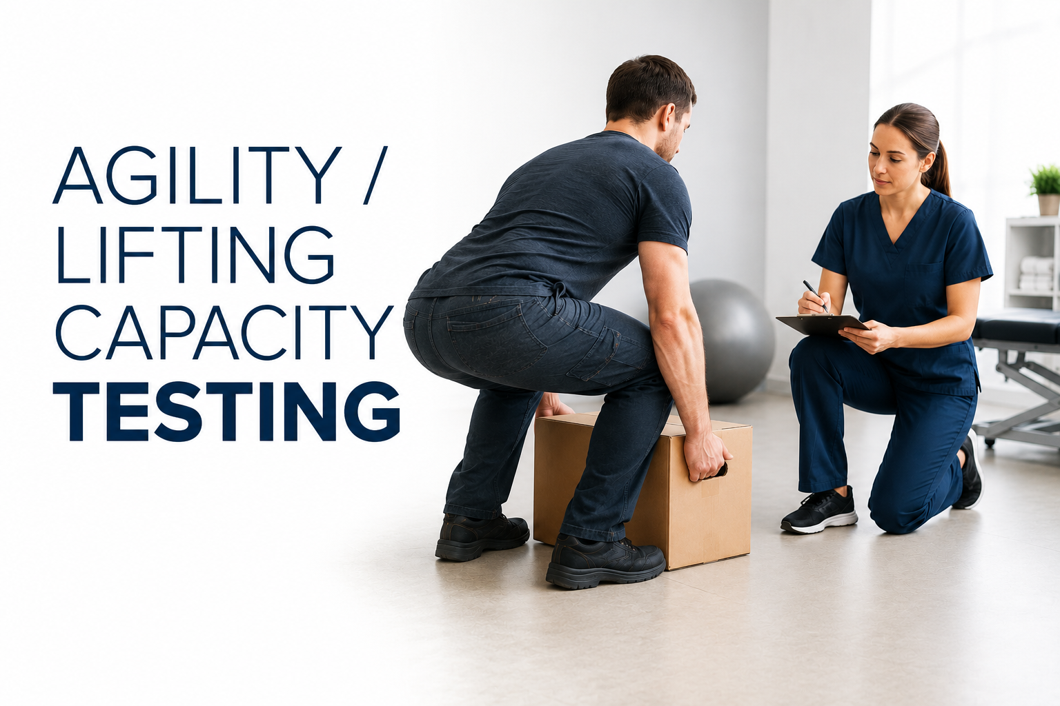A man performing a physical agility test by lifting a weighted box while a female medical professional records results in a clinical setting with exercise equipment in the background.