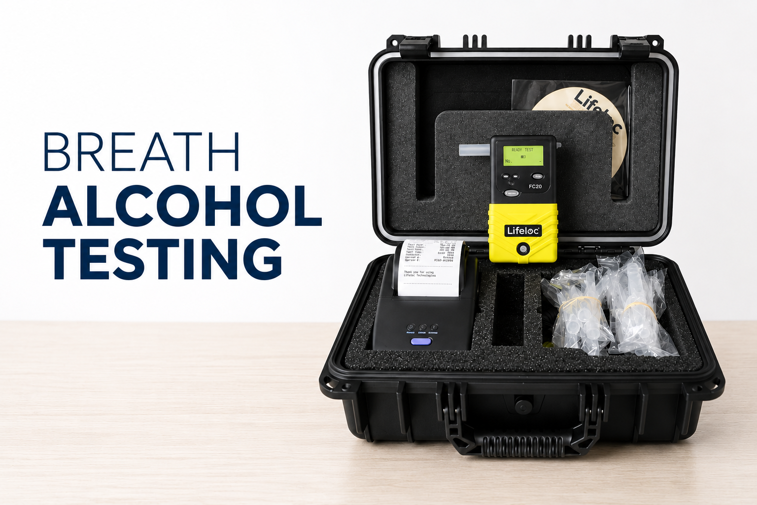 Portable breath alcohol testing kit with a yellow device and printed receipts in a black case.