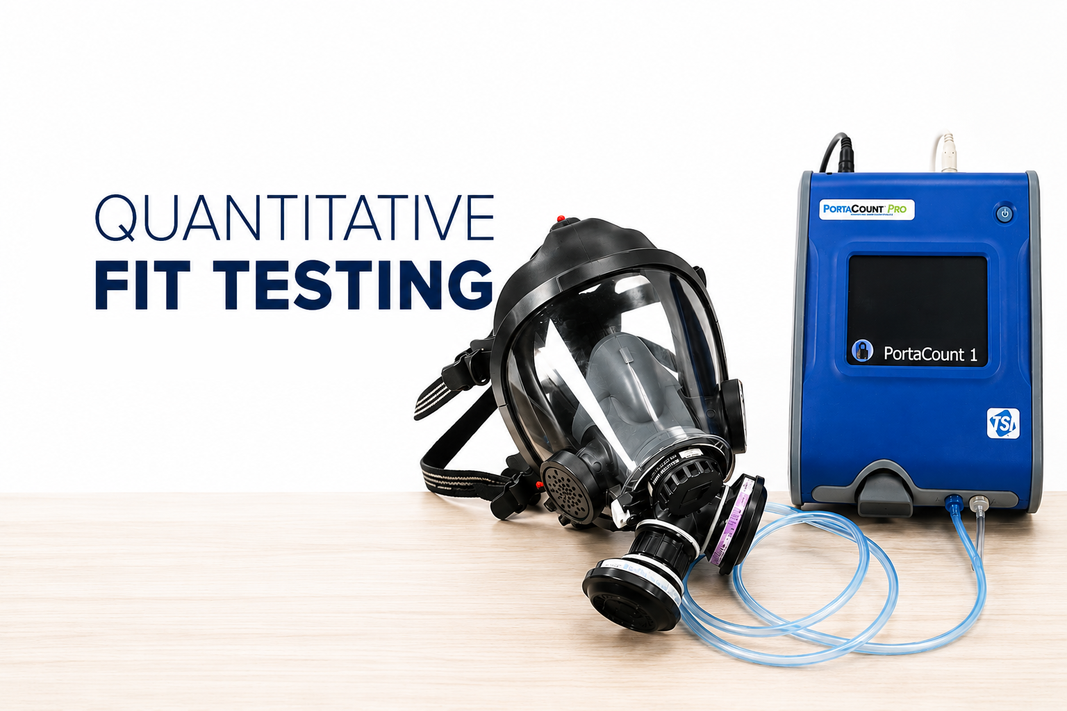 Quantitative fit testing device and black mask on a wooden surface.