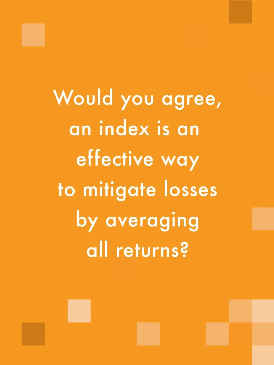 I recognize I might be late in this discovery, but I've recently come to a place of understanding ...
.
... not only is an index effective at mitigating losses, but it's effective at limited GAINS!
.
Fletcher lives by this notion. Yes, risk does incr