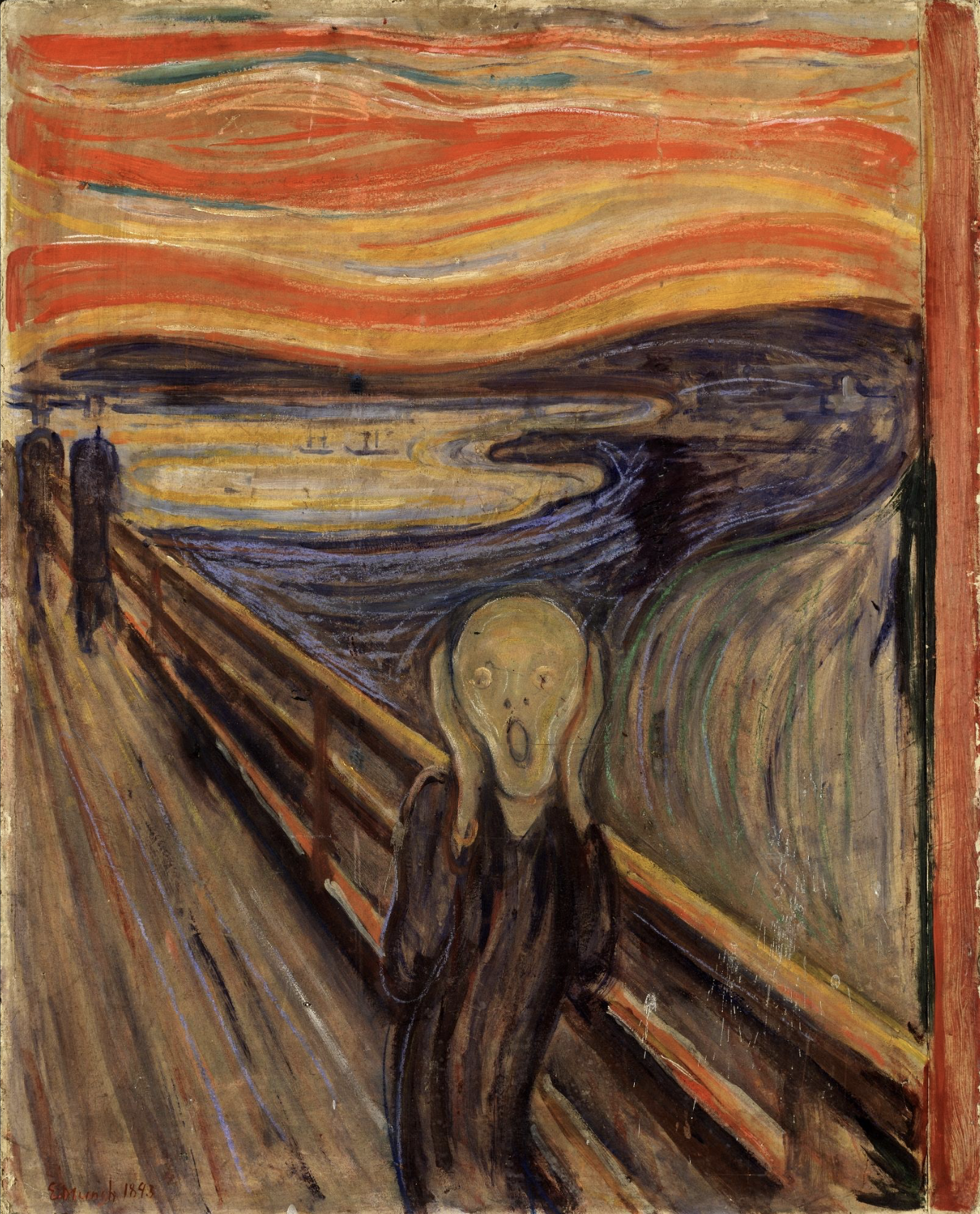 A painting of a nude woman with long hair sitting on a wooden pier with her back to the viewer. She is looking at a body of water at sunset, with swirling orange and yellow clouds in the sky. The style is expressive and uses bold brushstrokes. Signed and dated 1943 in the lower left corner.