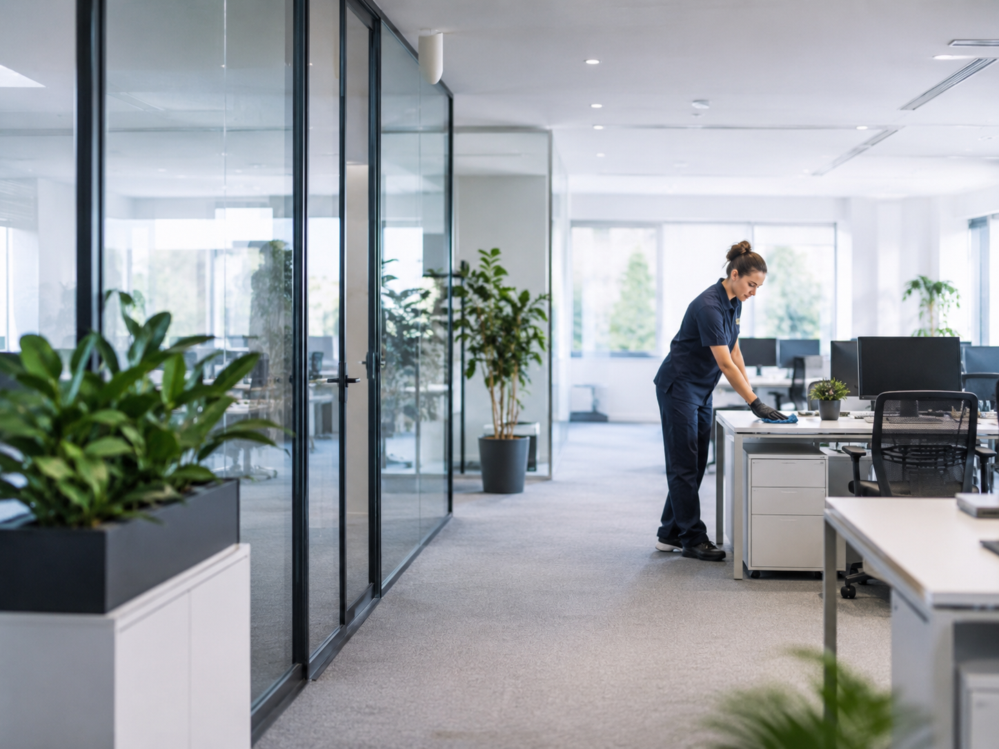 Eine Reinigungskraft, eine junge Frau, die in einem modernen Büro arbeitet, während sie einen Tisch abwischt. Das Büro ist hell und geräumig mit Bürotischen, Computern und Pflanzen.