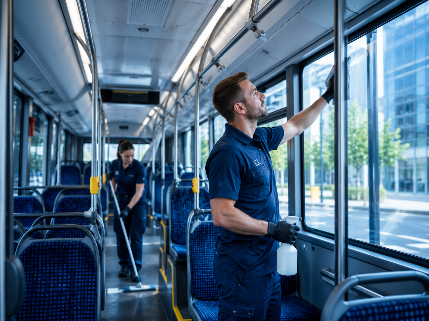 Zwei Reinigungskräfte, eine Frau und ein Mann, reinigen die Fenster in einem Bus. Der Mann befindet sich in der Nähe der Scheibe, während die Frau im Hintergrund mit einem Mopp arbeitet.