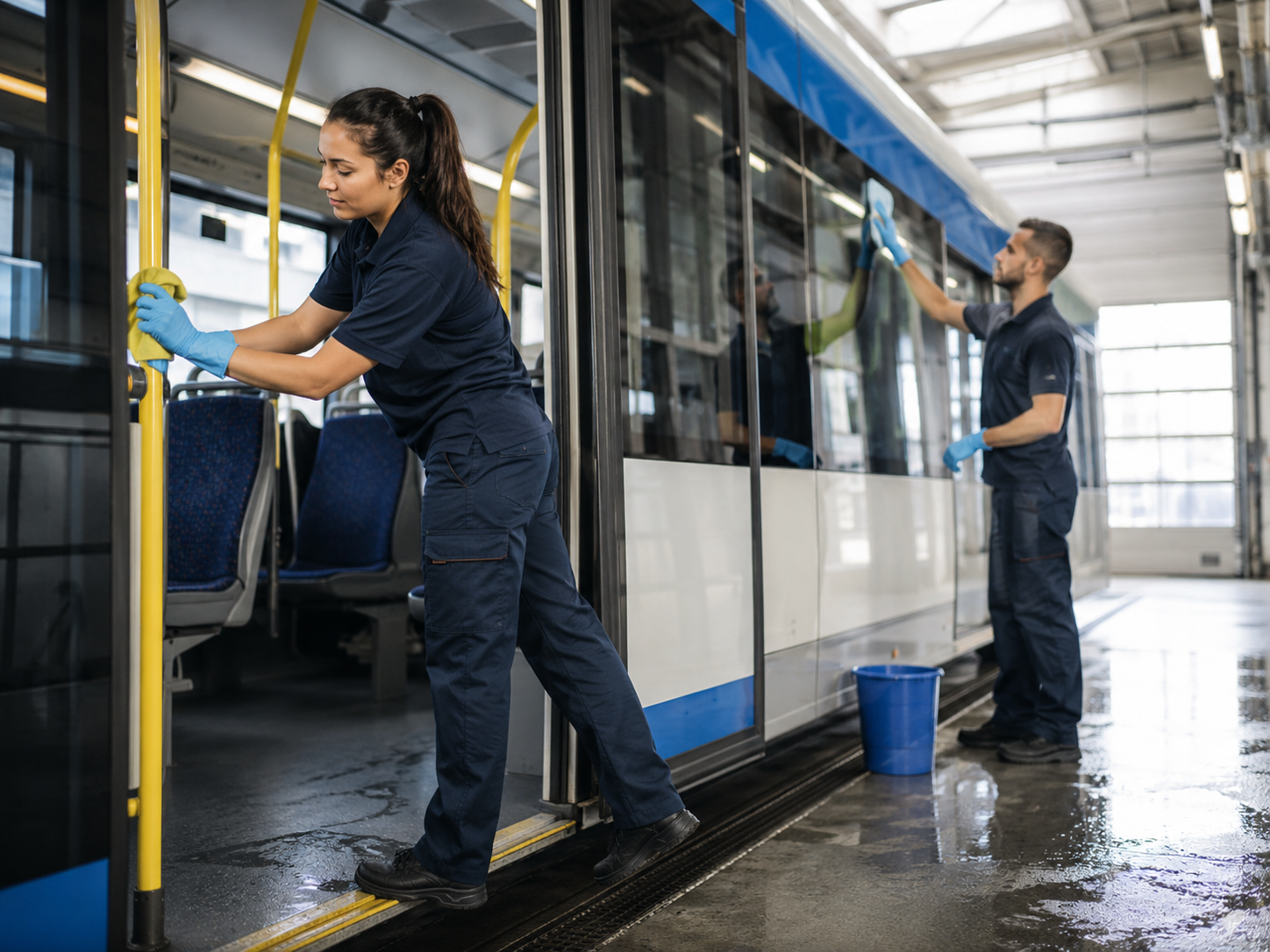 Zwei Reinigungskräfte reinigen einen Bus in einer Halle, eine Person im Vordergrund reinigt die Tür, die andere Person im Hintergrund wischt die Fenster.