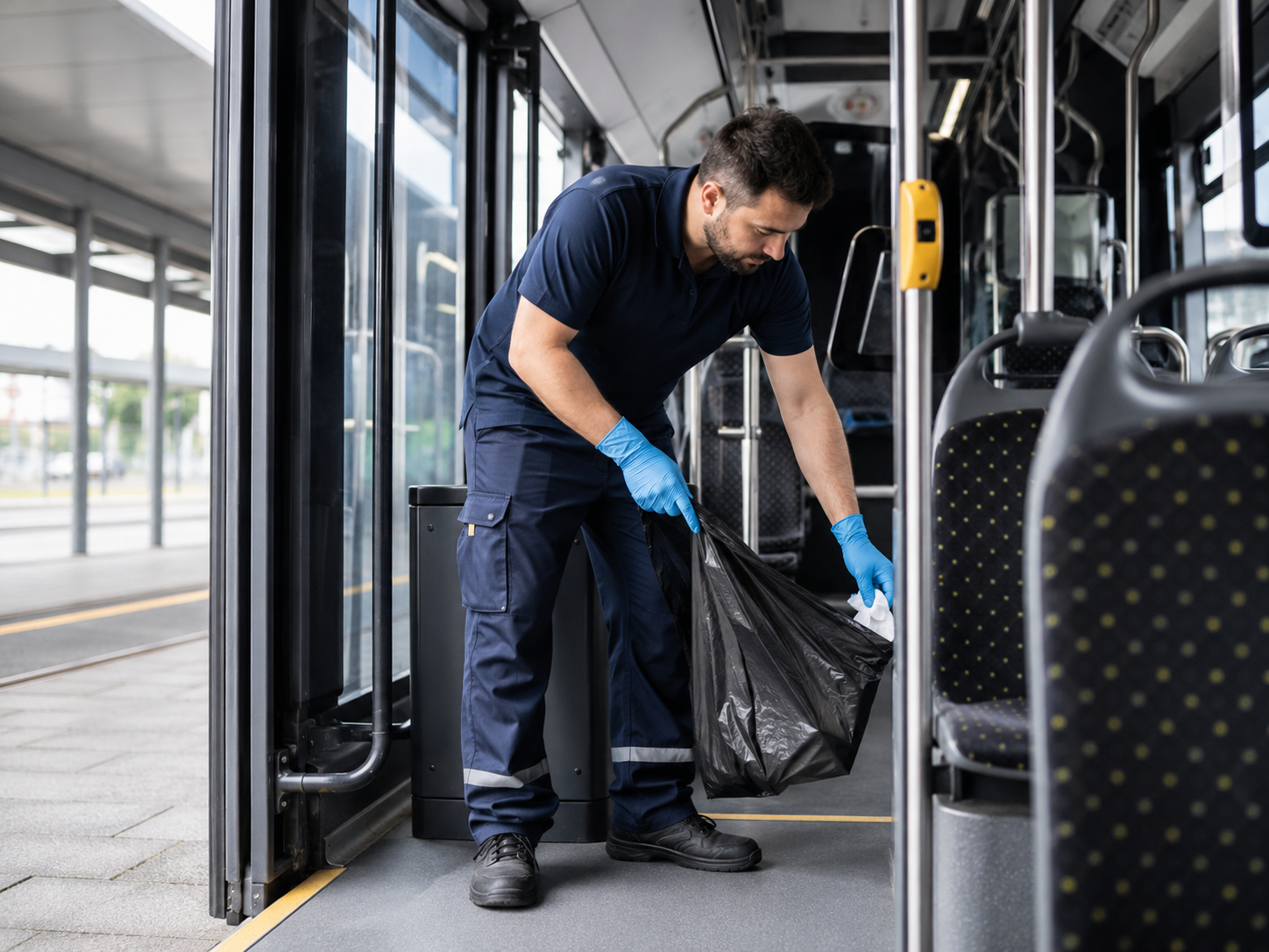 Ein Mann in blaue Kleidung und Gummihandschuhen sammelt Müll in einem Plastikbeutel an Bord eines öffentlichen Busses.
