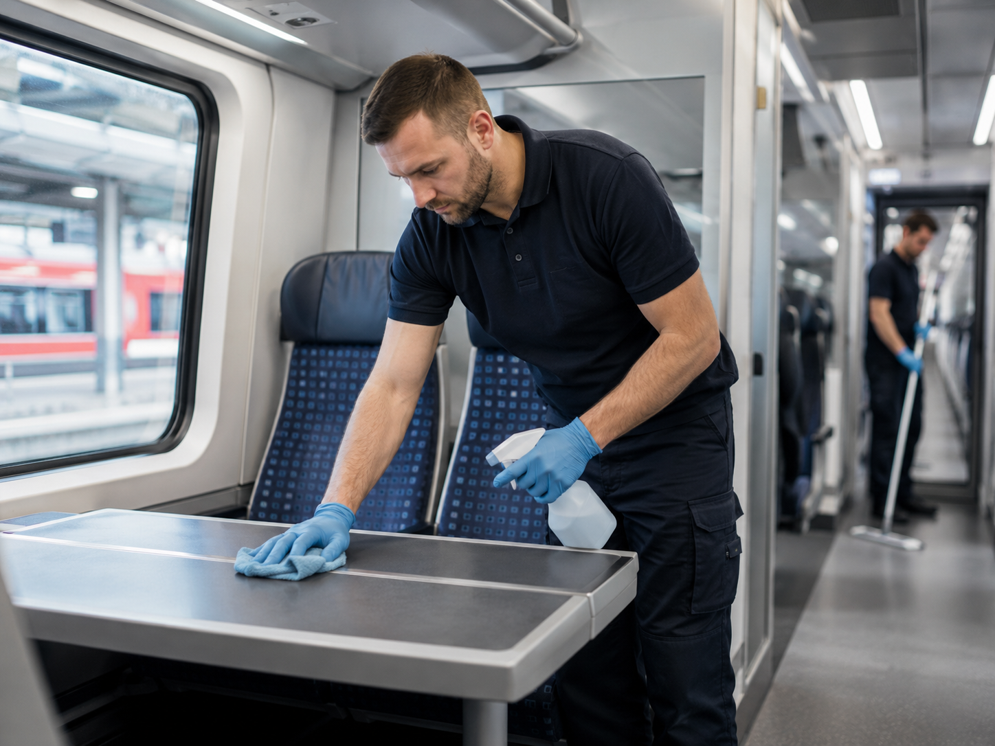 Ein Mann in dunkler Kleidung und blauen Handschuhen reinigt einen Tisch in einem Zug mit einem Spray und einem Tuch.