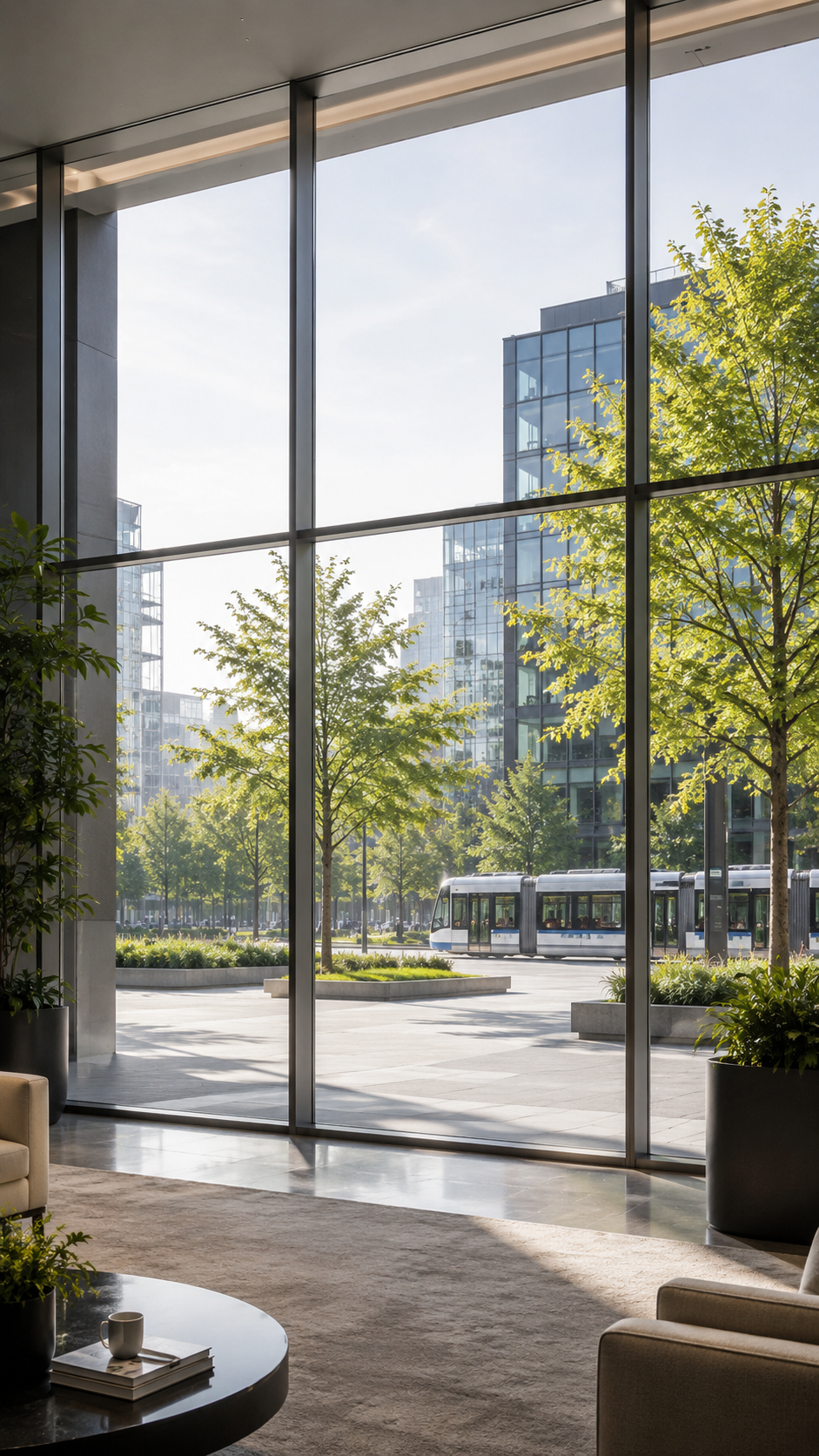 Blick durch große Fenster auf eine städtische Straße mit Bussen und Bäumen, moderne Glasgebäude im Hintergrund.