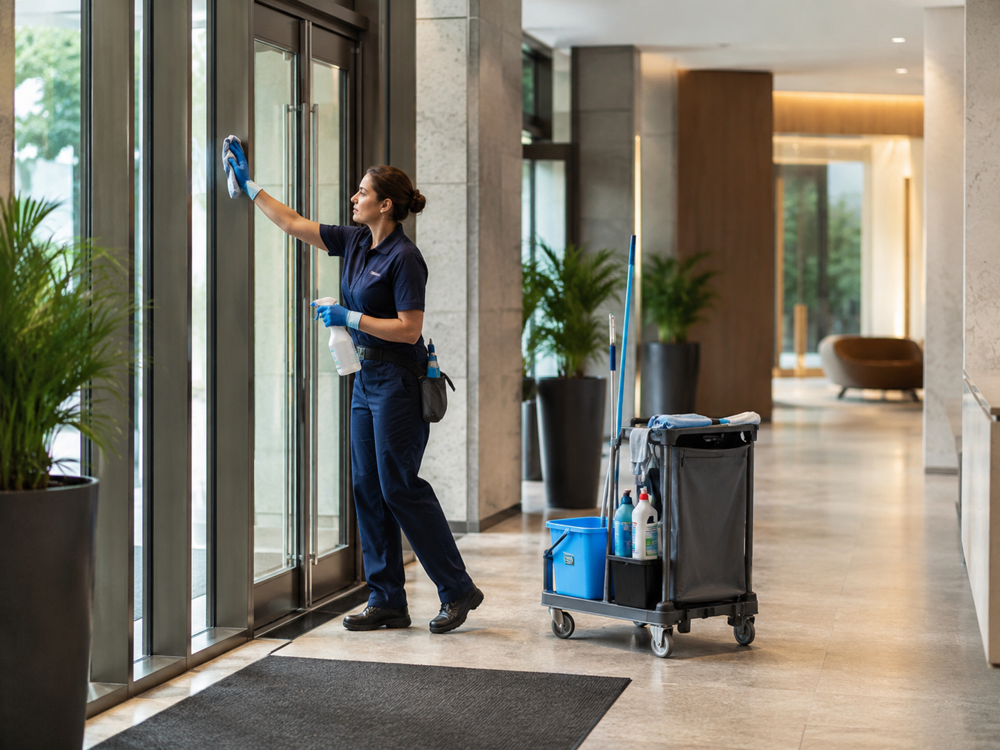 Reinigungskraft putzt die Glastür im Hotel-Lobby, steht neben einem Reinigungswagen mit Reinigungsmitteln und -utensilien.