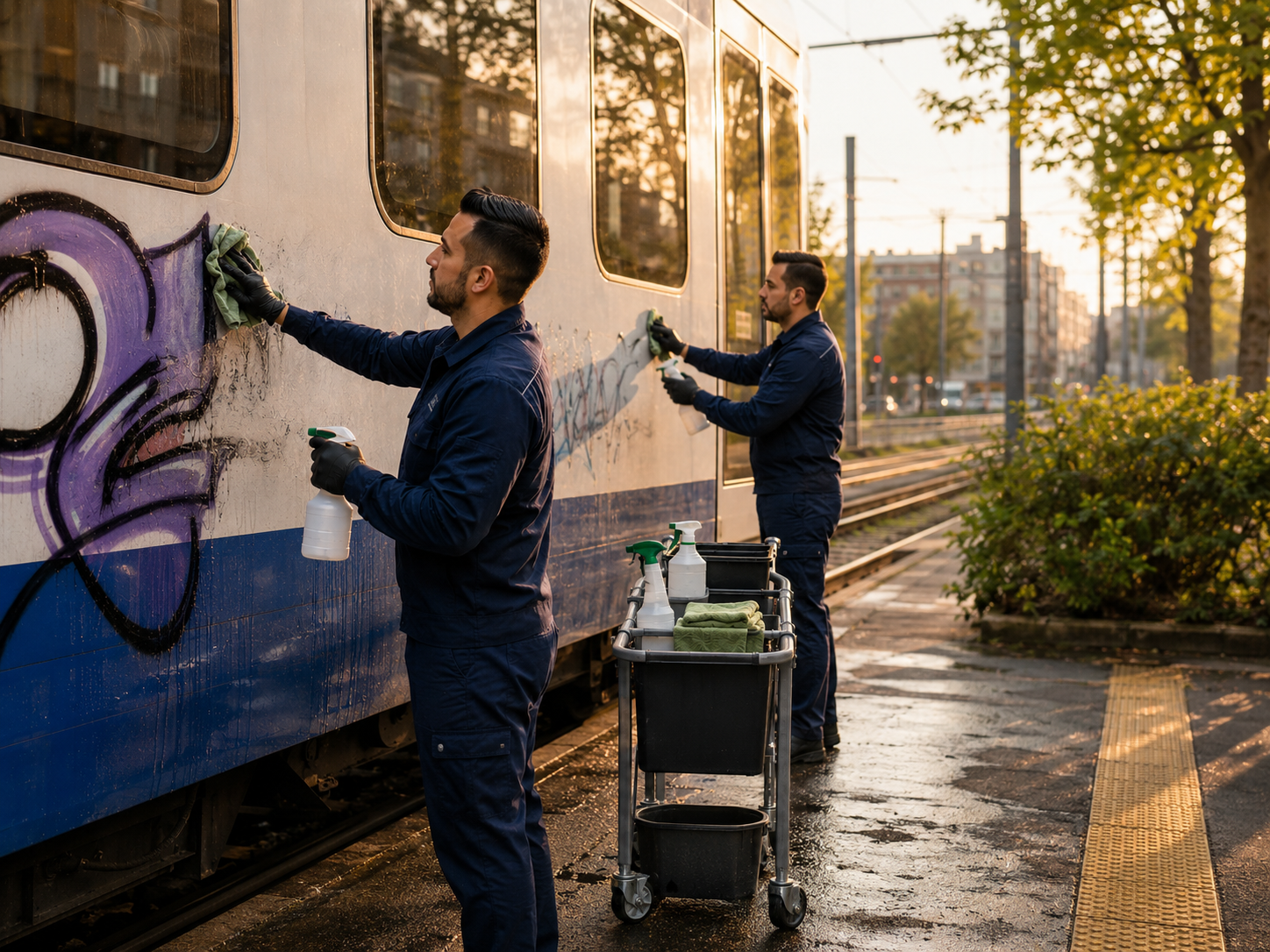 Zwei Männer reinigen einen fahrenden Zug mit Reinigungsmitteln und Tüchern, während sie abends bei Sonnenuntergang arbeiten.