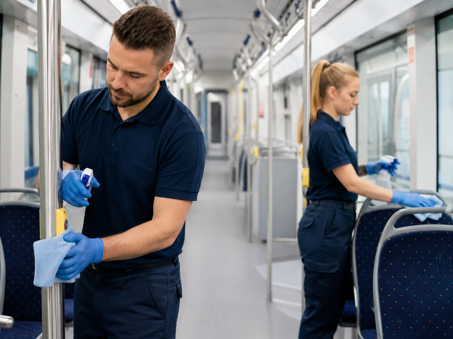 Zwei Reinigungskräfte in blauen Uniformen reinigen die Fenster und Flächen in einem öffentlichen Bus, beide tragen blaue Handschuhe und verwenden Spray und Tuch.