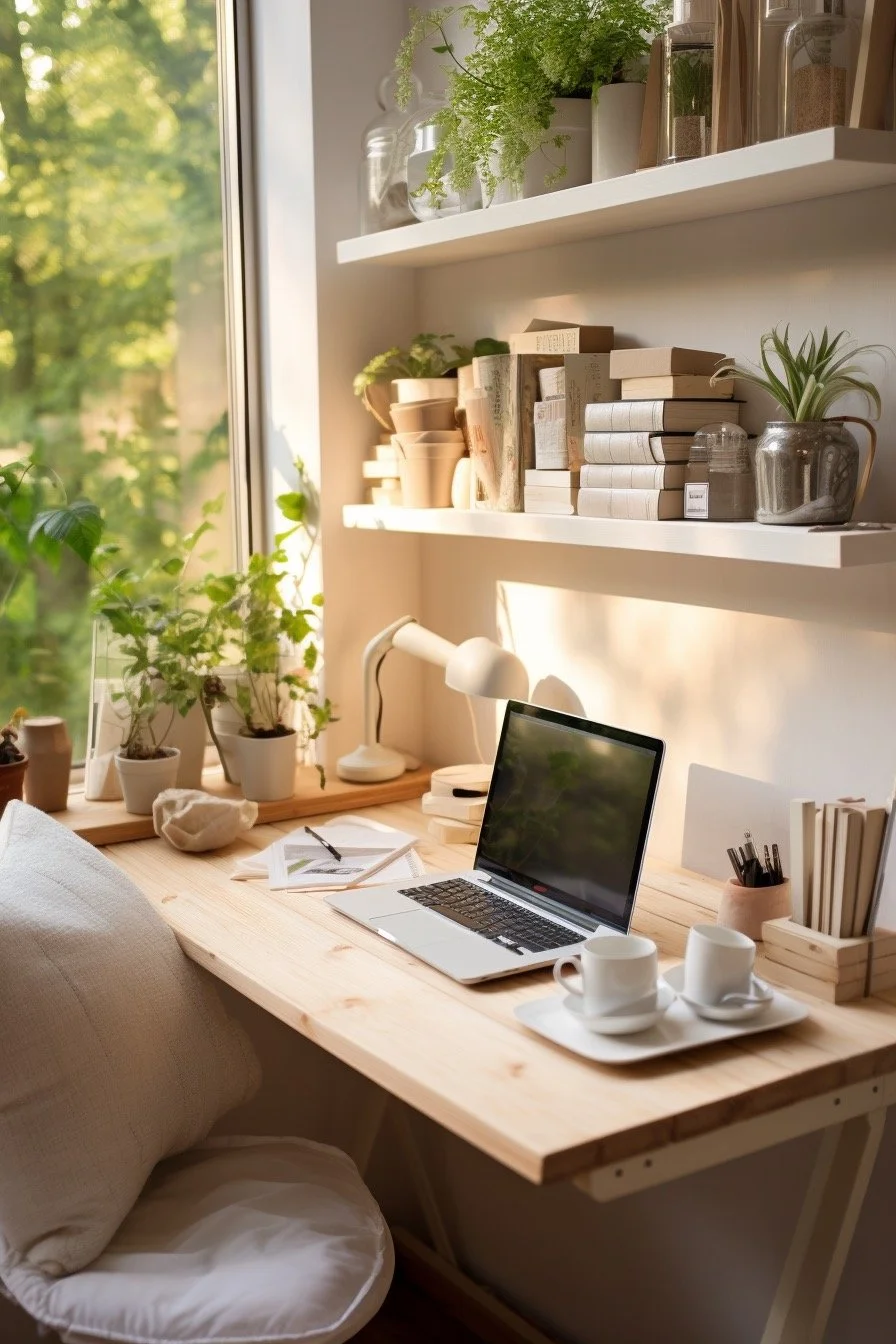 A cozy, well-lit home workspace with a wooden desk near a window with green outdoor scenery. The desk has a laptop, two cups on a tray, notebooks, pens, and a small plant. Shelves above hold books, plants, and decorative jars.