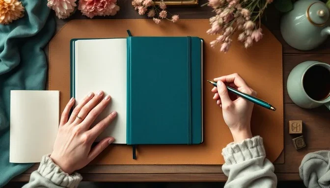 Open teal-colored planner or journal on a wooden desk, with a person writing in it with a teal pen, surrounded by pink flowers, a cup of coffee, a teapot, and wax seals.