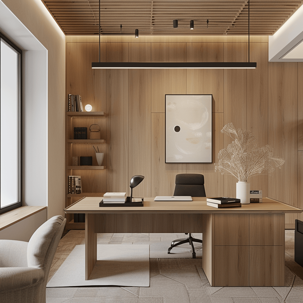 Modern office with wooden walls, desk, black chair, white armchair, decorative items, and art piece.