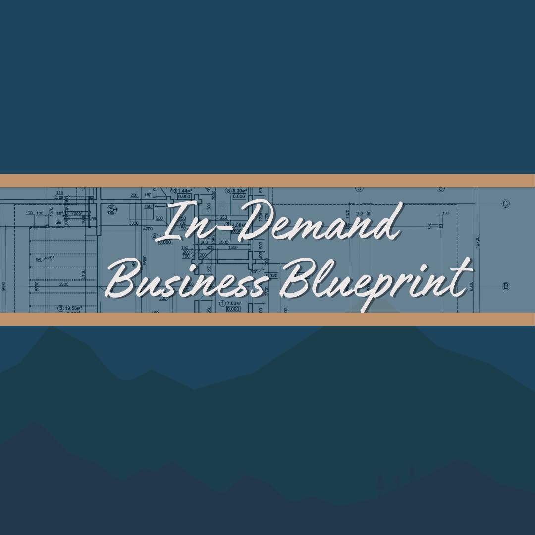 Cover page of a business blueprint with architectural floor plans and mountain silhouettes with trees in the background.