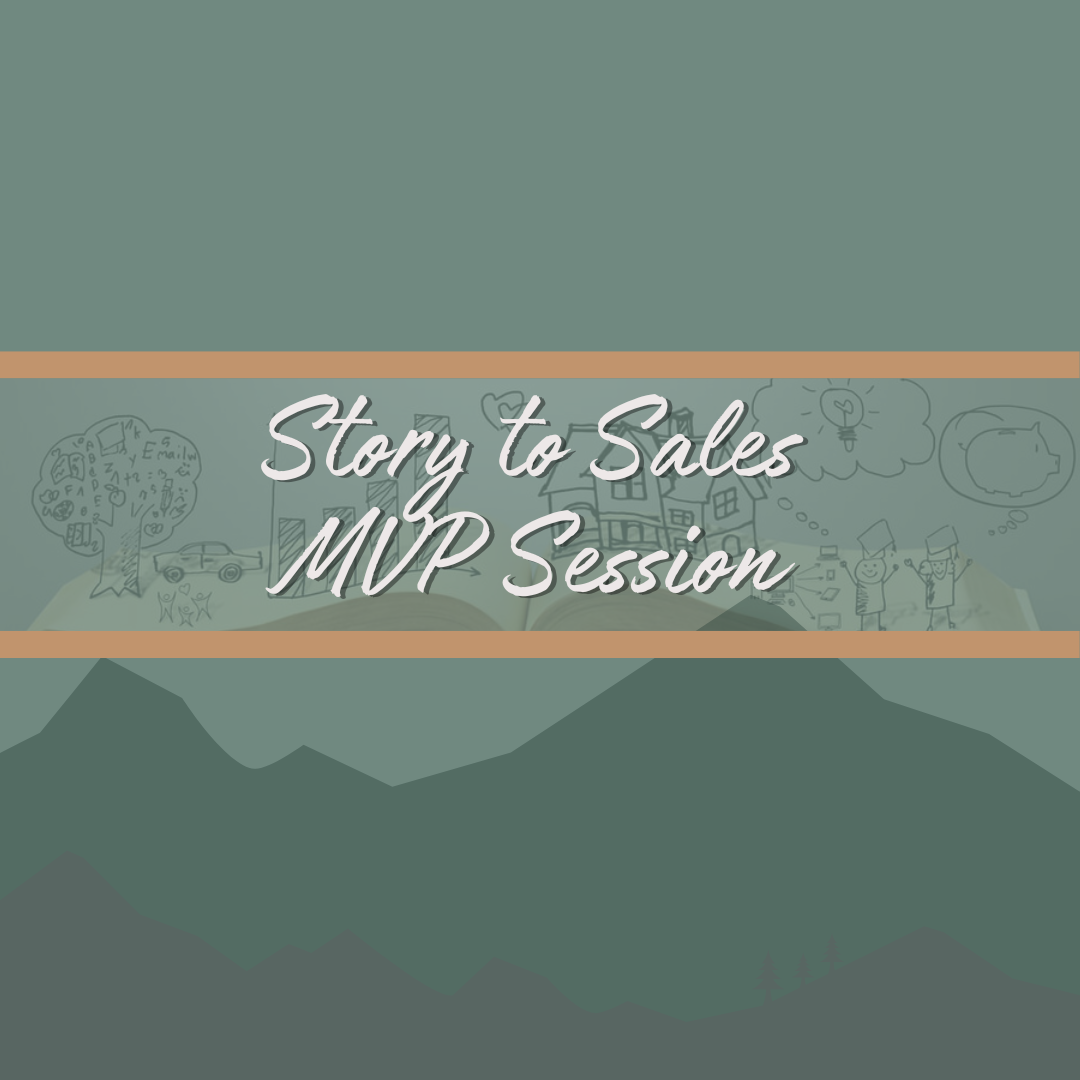 A presentation slide with the title 'Story to Sales MVP Session' overlaying a background of mountains and cartoon illustrations of a tree with email icons, a car, houses, a light bulb, and children with graduation caps.
