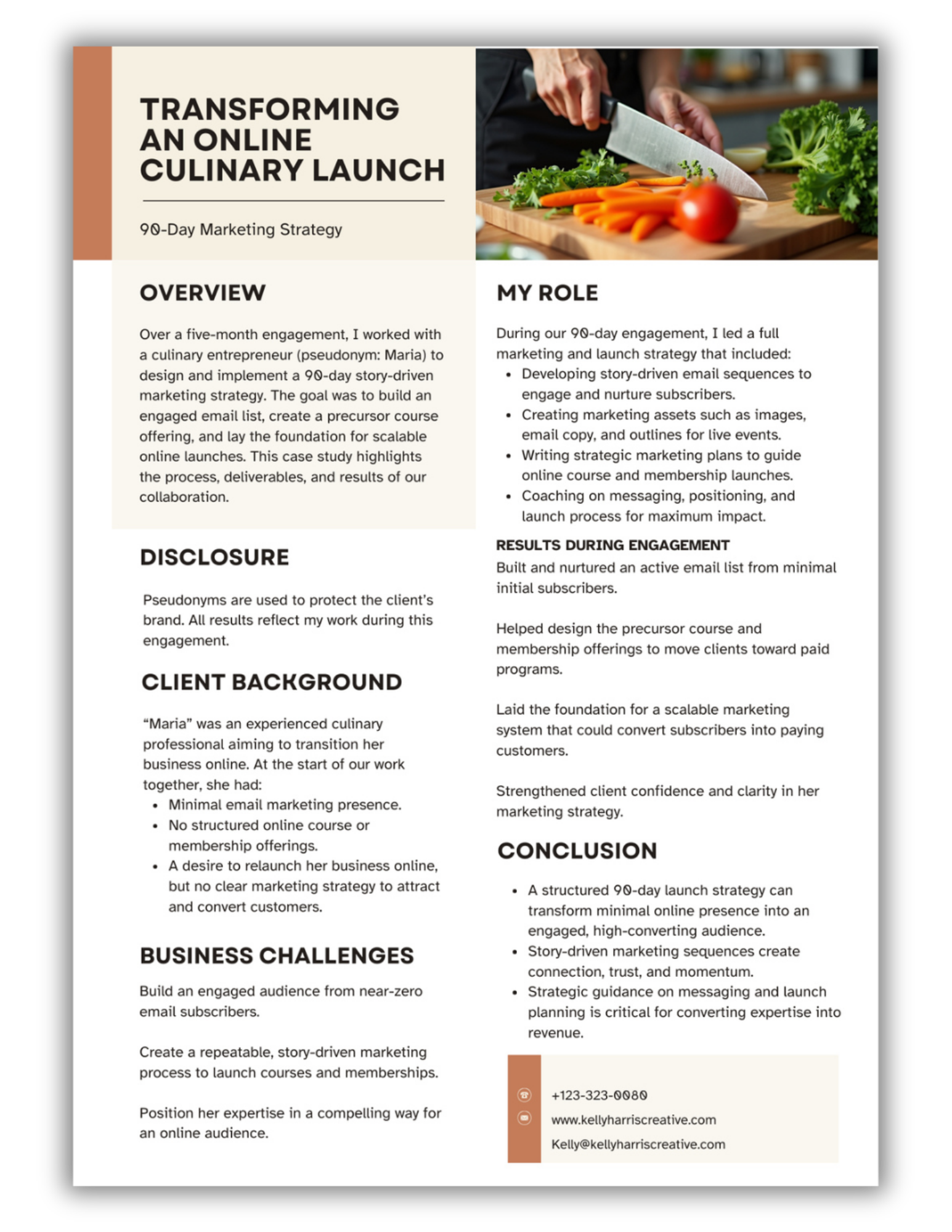 A marketing proposal document with a photo of a person chopping vegetables, offering an overview, role description, and strategies for an online culinary launch, with contact details at the bottom.
