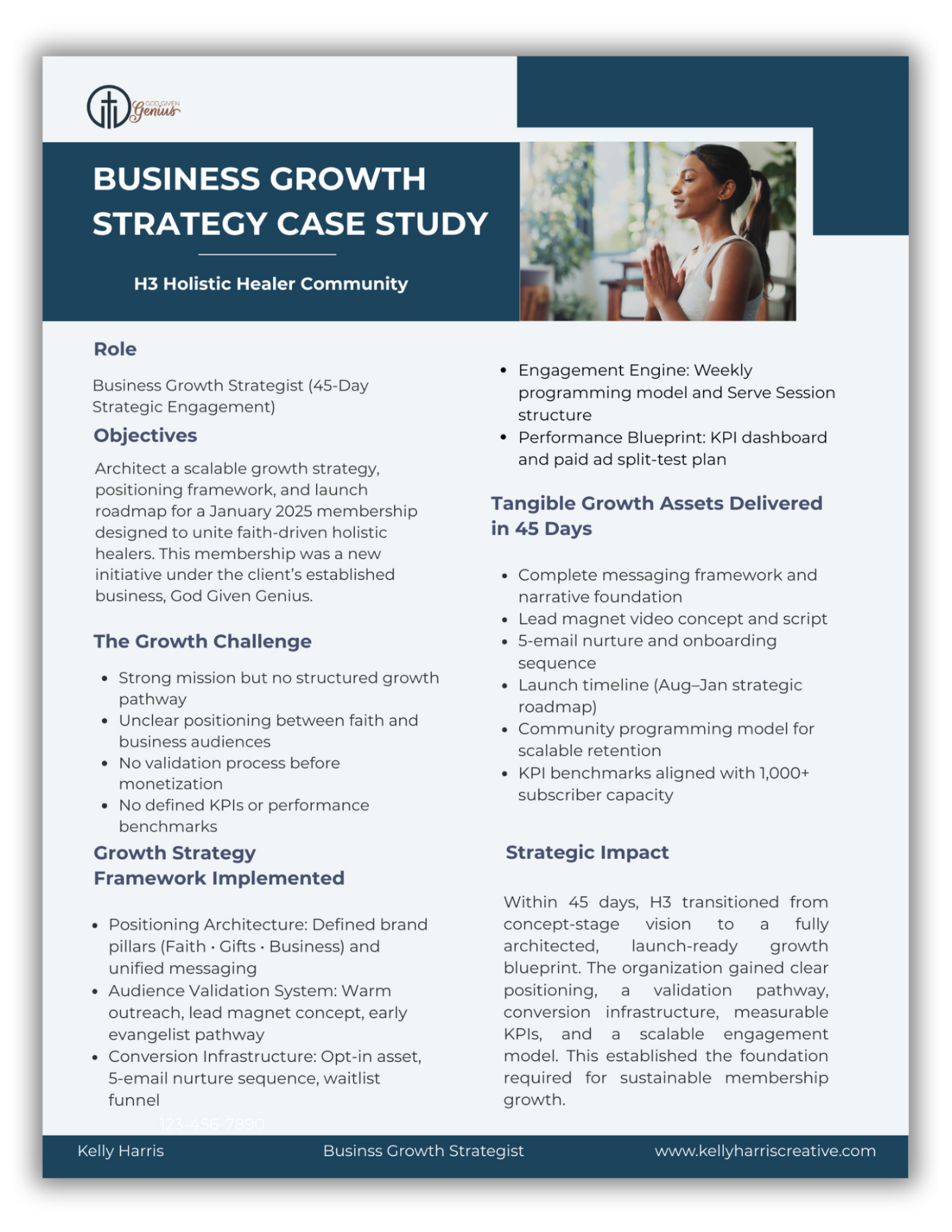 Business report or case study presentation slide with title 'Business Growth Strategy Case Study', a logo, and a photo of a woman meditating. The slide includes sections on role, objectives, growth challenge, strategic impact, and KPIs. Footer with contact info for Kelly Harris, Business Growth Strategist.