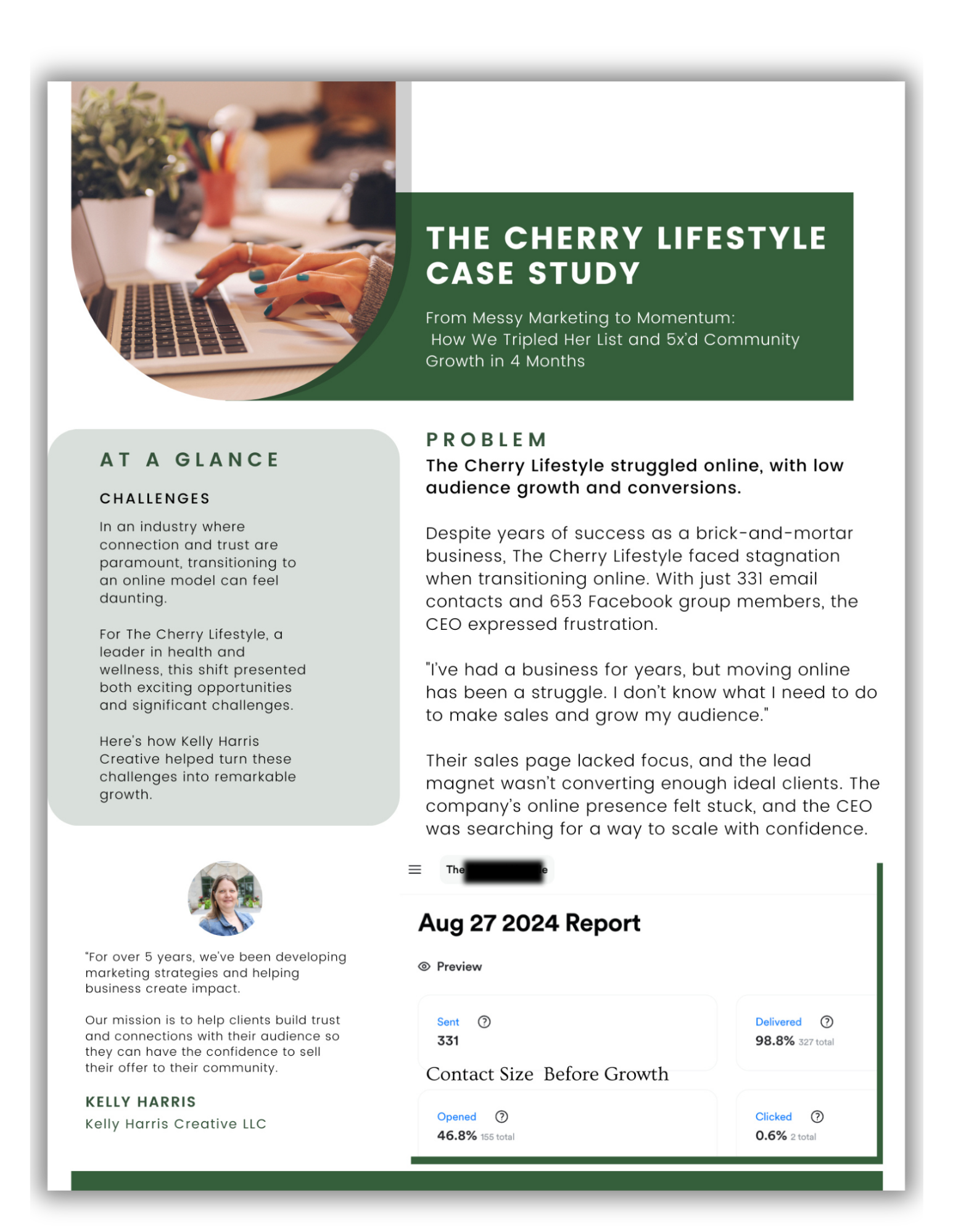 Screenshot of a detailed marketing report highlighting a case study titled 'The Cherry Lifestyle Case Study' with sections on challenges, problem, and statistics. The report includes a photo of a woman typing on a laptop, a profile photo, and date 'Aug 27 2024' at the bottom.