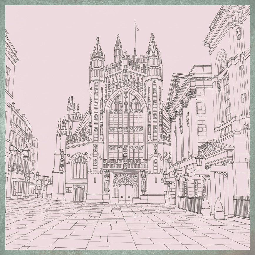 Line drawing of a perpendicular gothic abbey, with large stained glass windows and tall pointed towers, next to the Pump Room entrance, on a paved square.