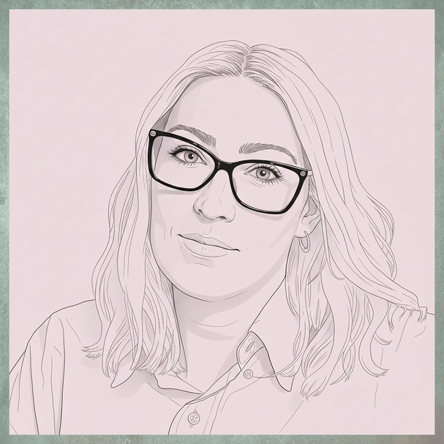 Line drawing of a woman with glasses, long wavy hair, wearing earrings and a collared shirt.