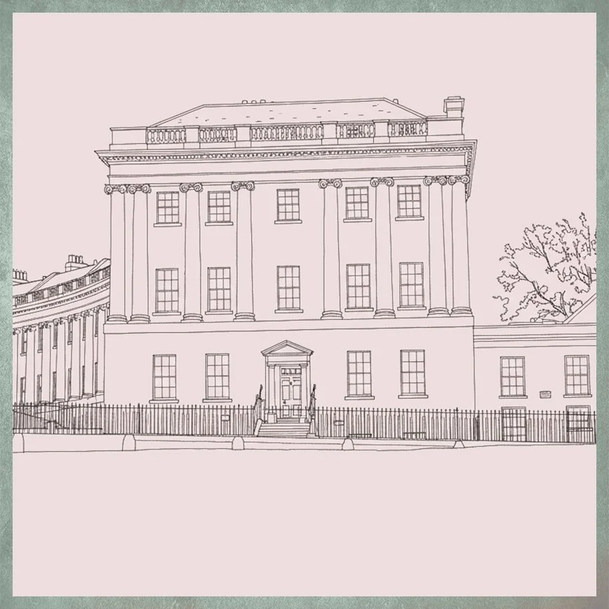 Line drawing of No.1 Royal Crescent, a large Georgian Palladian style house. It is at the end of the crescent, with columns, many windows, decorative elements and a grand front door, surrounded by a fence and trees.