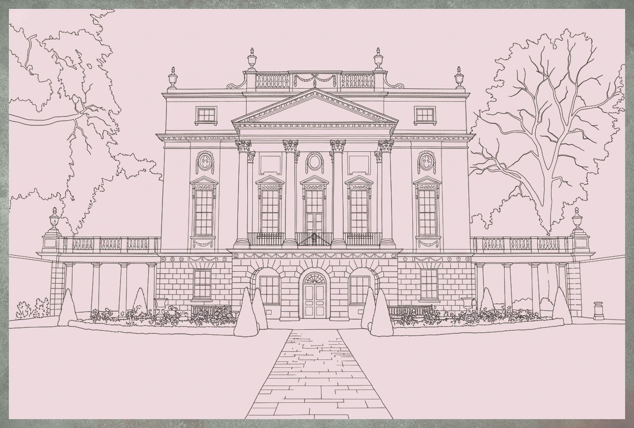 A Line drawing of the Holburne Museum. A large, neo-classical mansion with columns, symmetrical windows, and decorative urns on the roof. There is a walkway leading to the front door, with landscaped bushes and trees in the background.