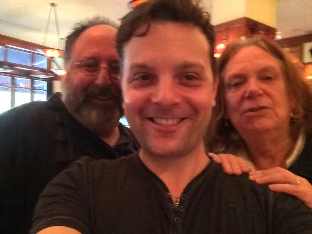 Scott Ebersold with Columbia thesis advisor Brian Kulick and mentor Anne Bogart